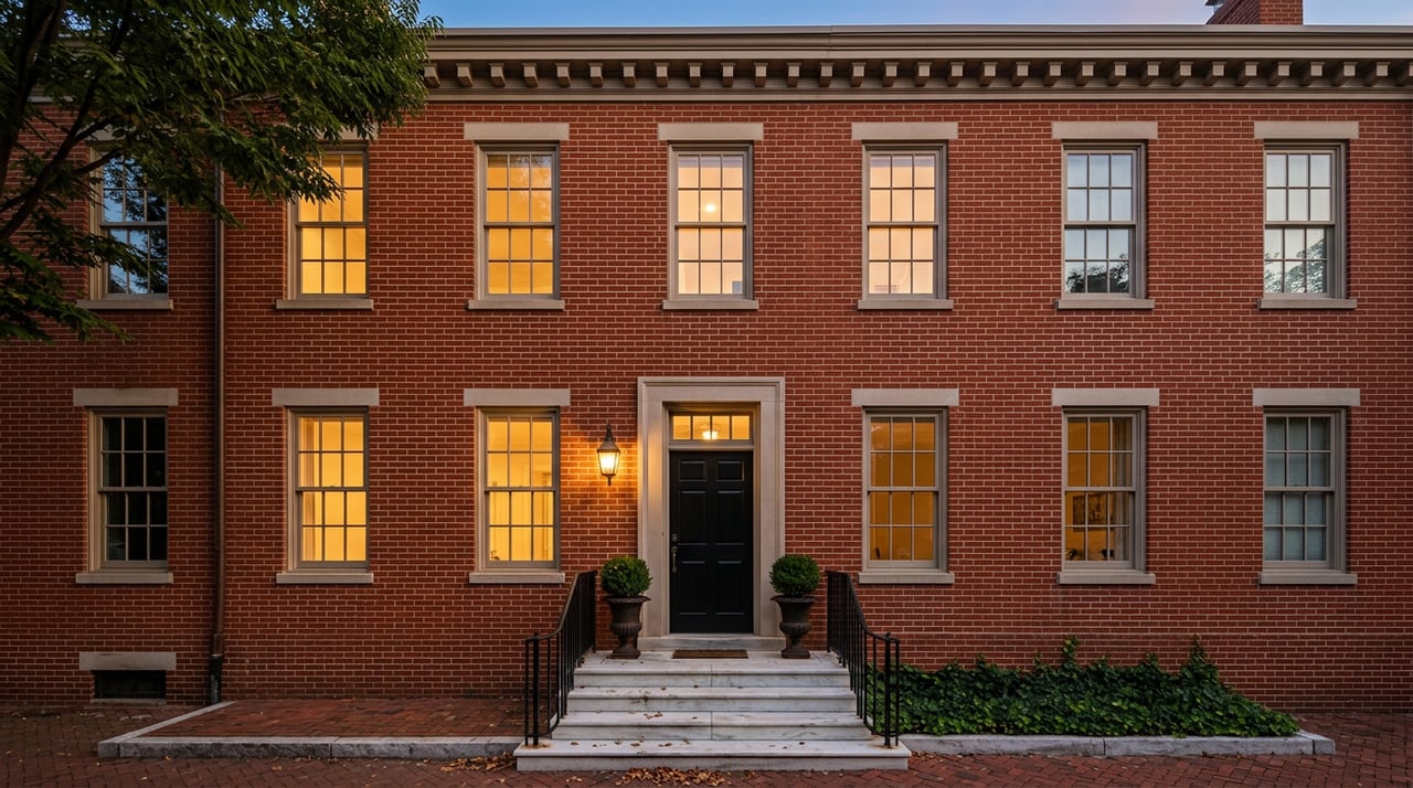 Three-story red-brick rowhouse with glowing windows, a marble stoop, iron rails, and clipped boxwood urns.