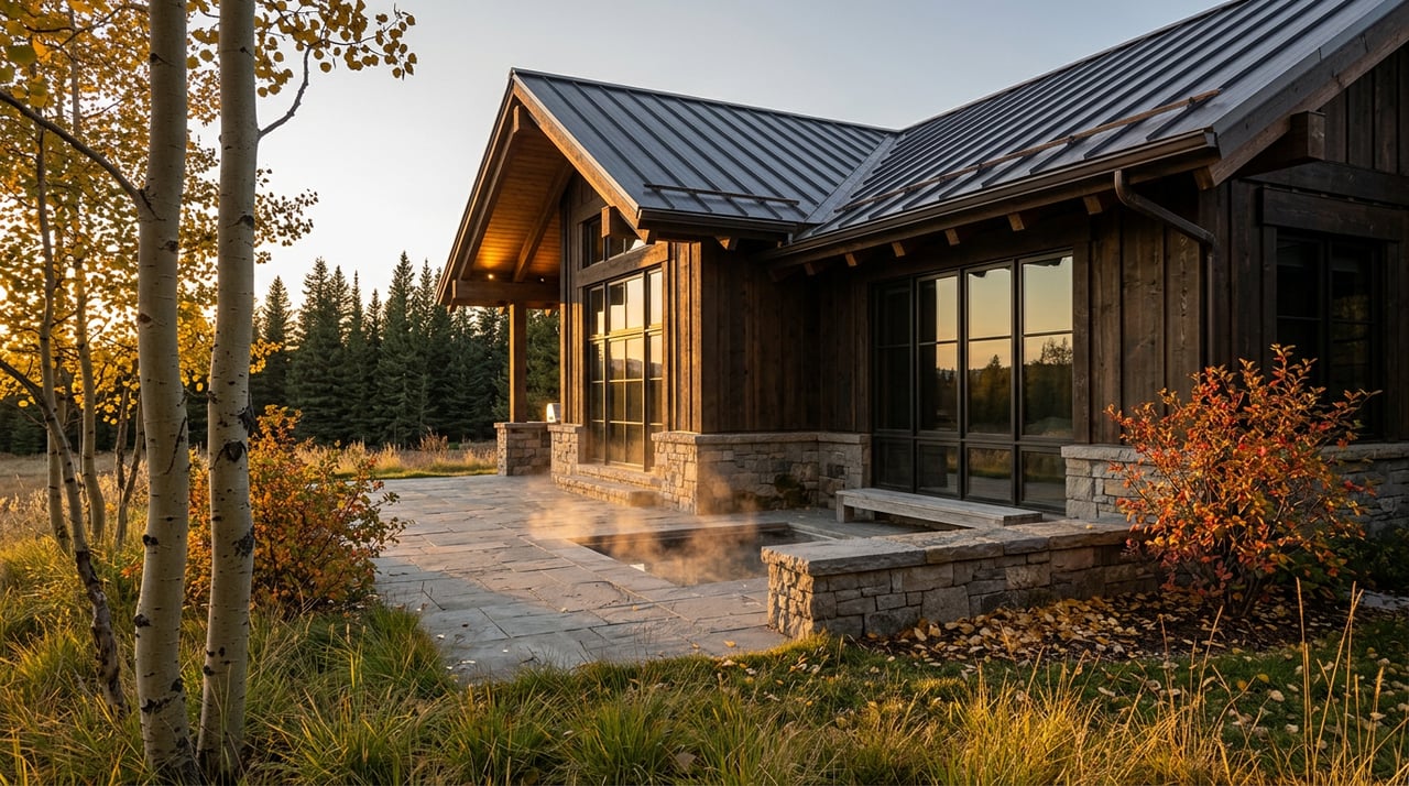 Timber-and-stone lodge corner beside a flagstone patio with a steaming hot tub, golden aspens, and spruce trees.
