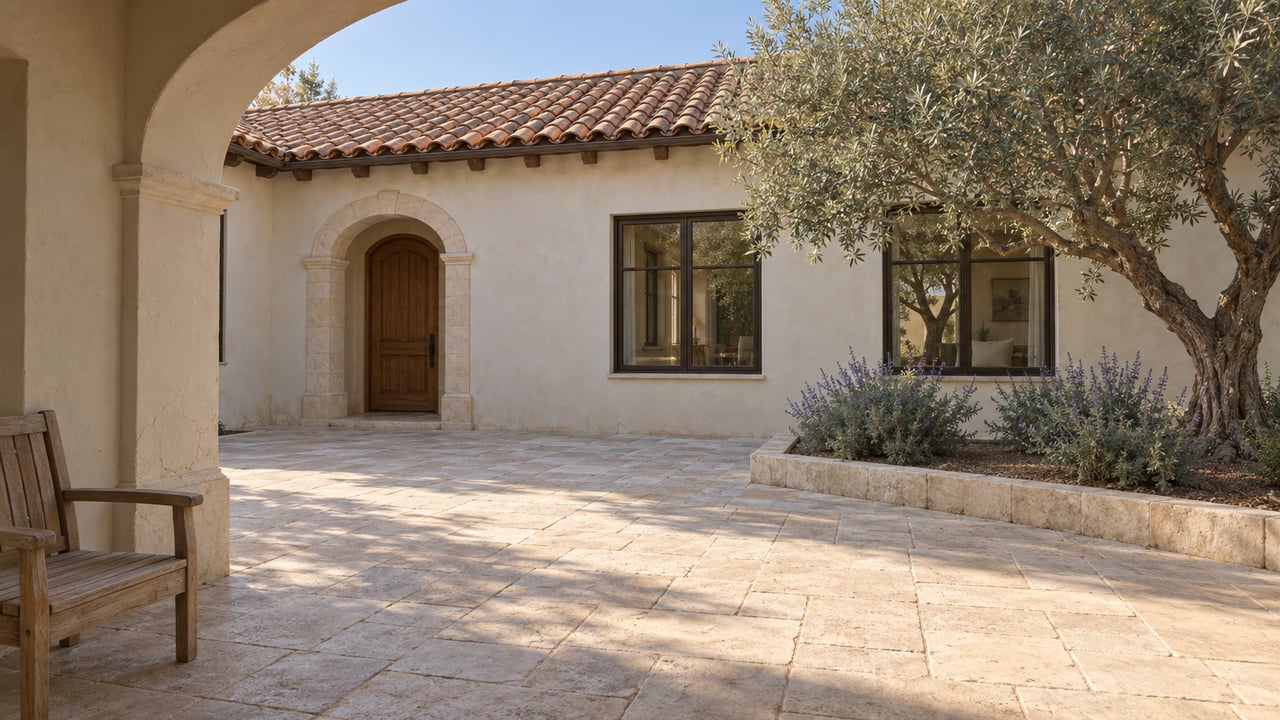 Sunlit stucco courtyard with terracotta roof tiles, a wooden arched door, limestone paving, and a mature olive tree in a raised planting bed.