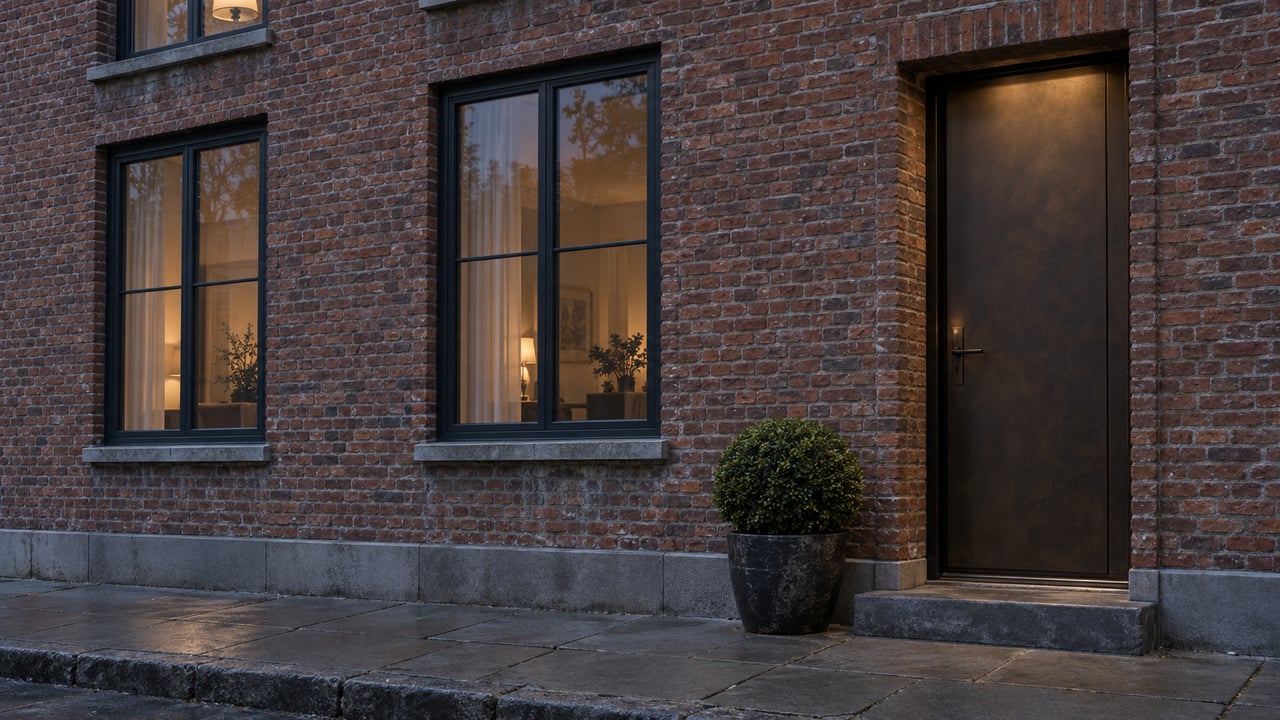 Russet brick home with staggered dark-framed windows, a recessed bronze door, and a potted boxwood.