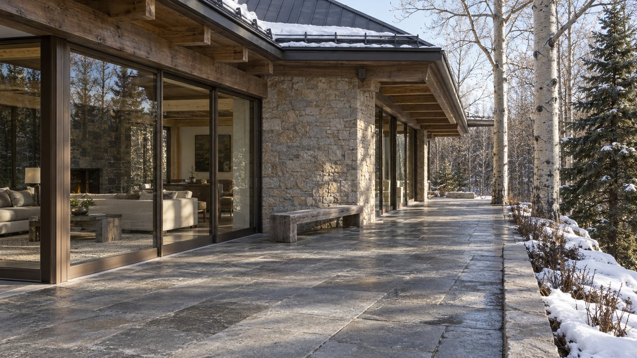 A snow-edged stone terrace beside a timber-and-limestone home, with closed bronze-framed glazing, bare aspens and a spruce.