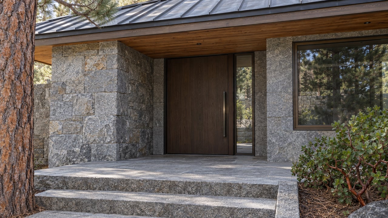 Close view of a recessed oak and glass entry beneath a timber overhang, with granite steps and a mature pine beside the house.
