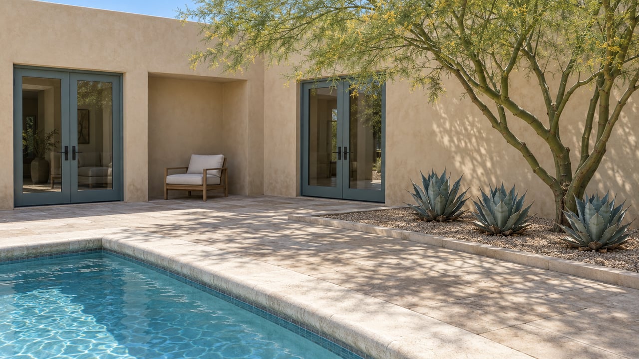 Sand-stucco courtyard with blue-green glass doors, limestone pool coping, a teak lounge chair and sculptural desert planting.