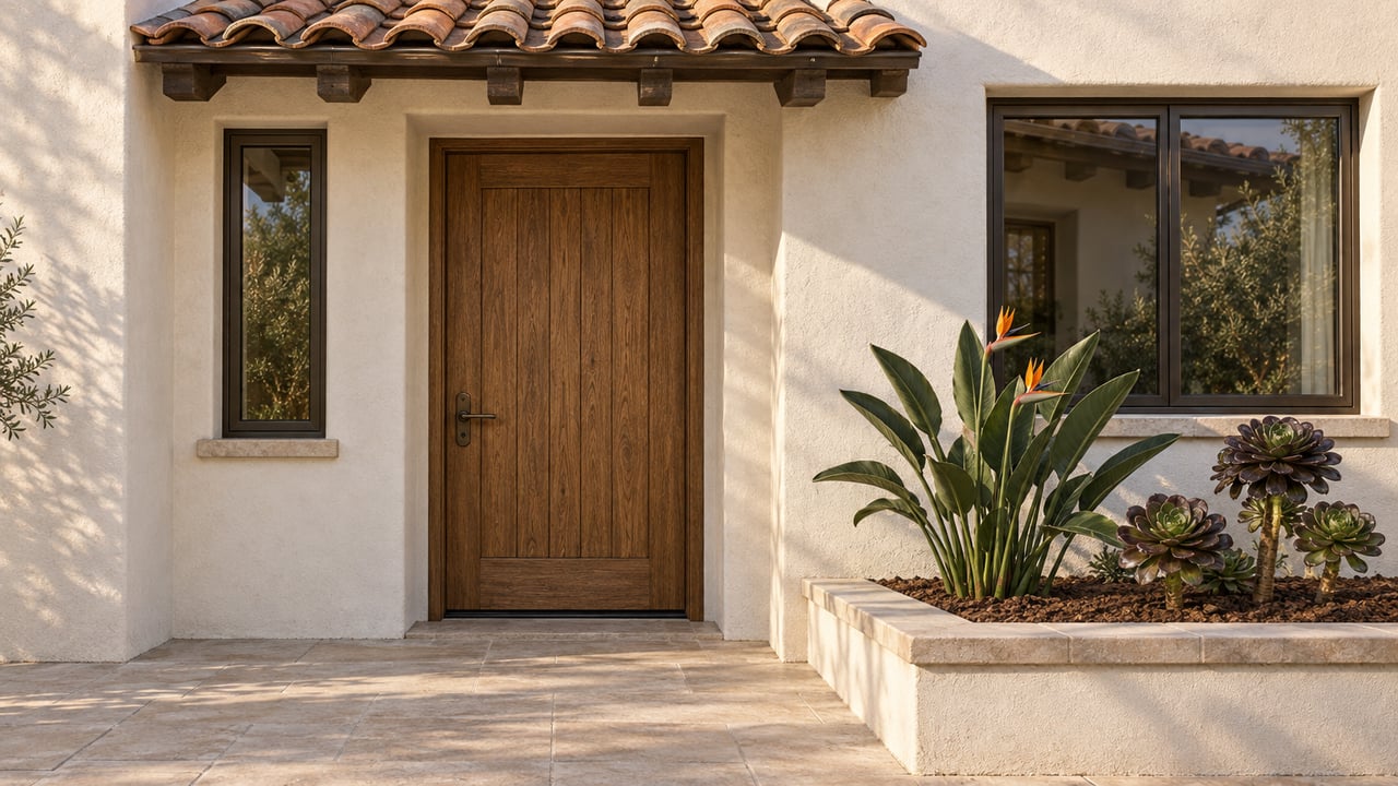 Sunlit ivory stucco entrance with a sheltered oak door, clay roof tiles, limestone landing and bird-of-paradise planting.