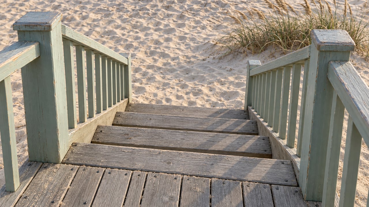 Seafoam-painted stair rails and silvered timber treads above rippled dune sand, with one clump of sea oats.