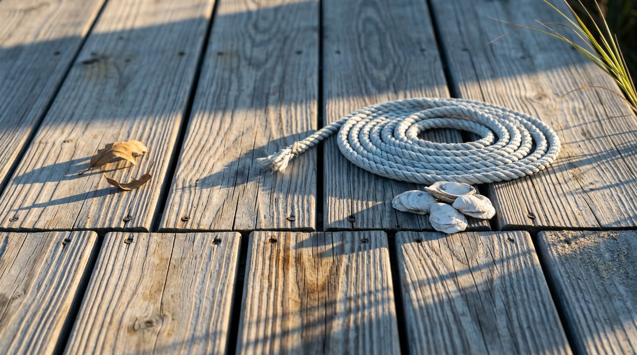 Weathered gray dock boards with a coiled white rope, oyster shells, and marsh grass tips in golden dawn light.