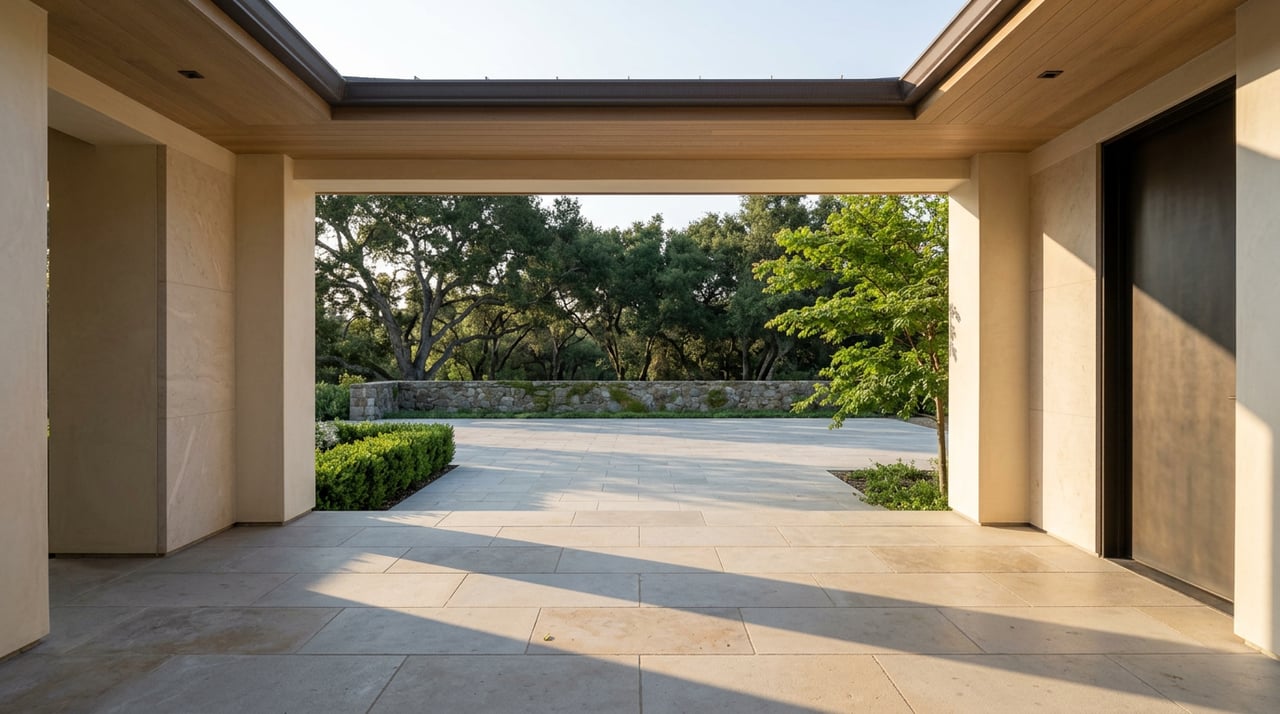 Plaster portico frames a limestone motor court, with a fieldstone wall and mature trees beyond.