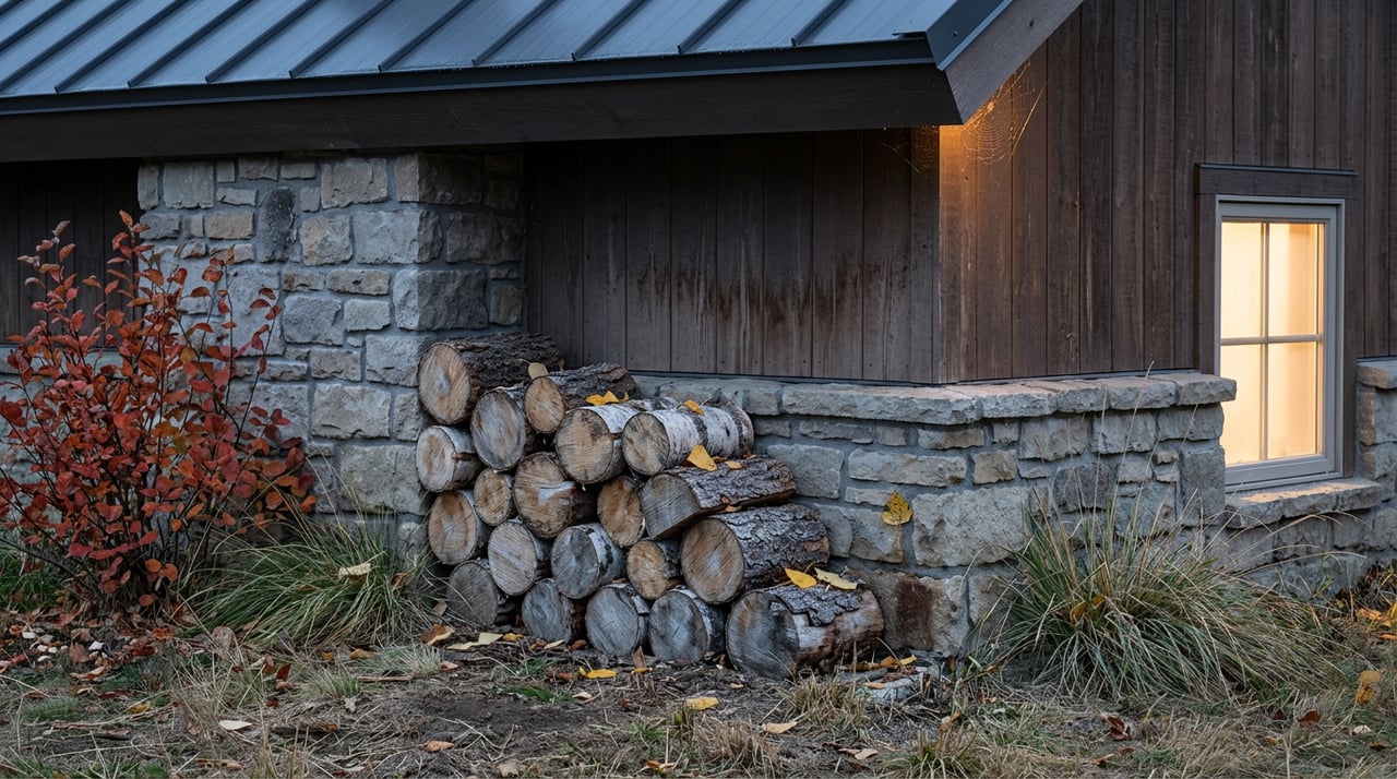 Firewood stacked against a rural home's stone chimney, with red-orange leaves and a glowing window.