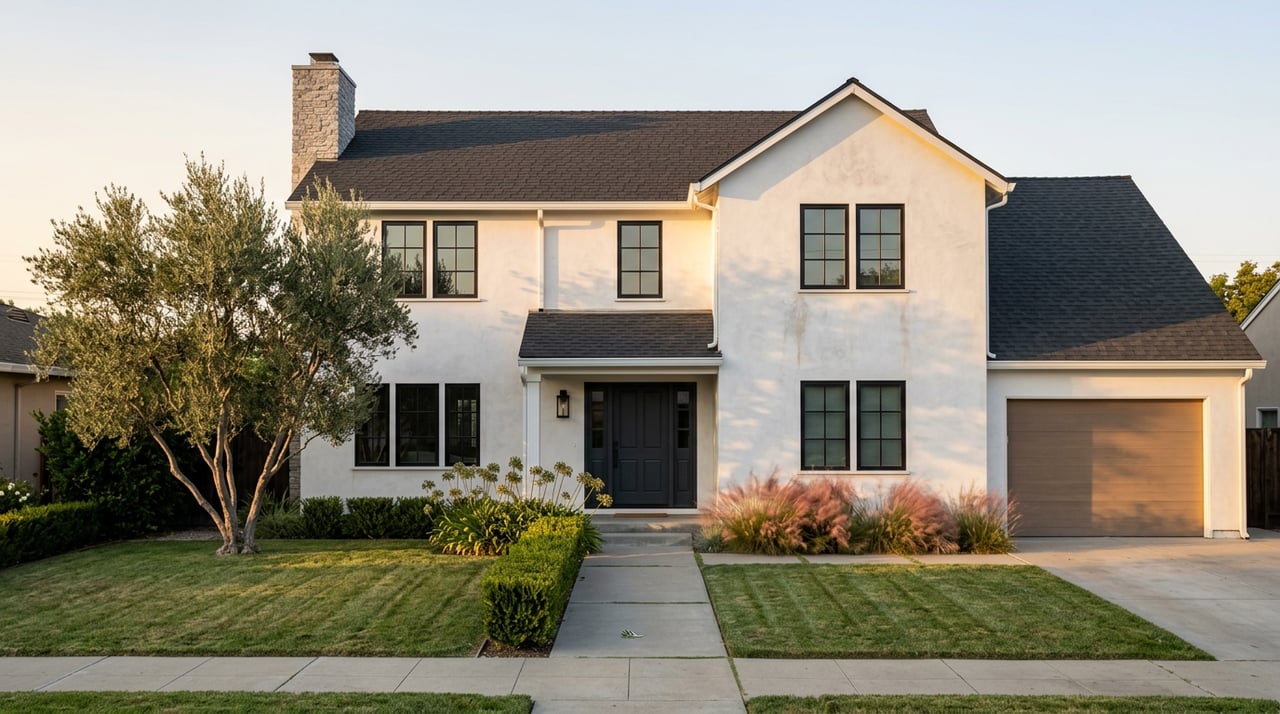 Two-story white stucco house with dark gabled roof, stone chimney, olive tree, and front lawn.