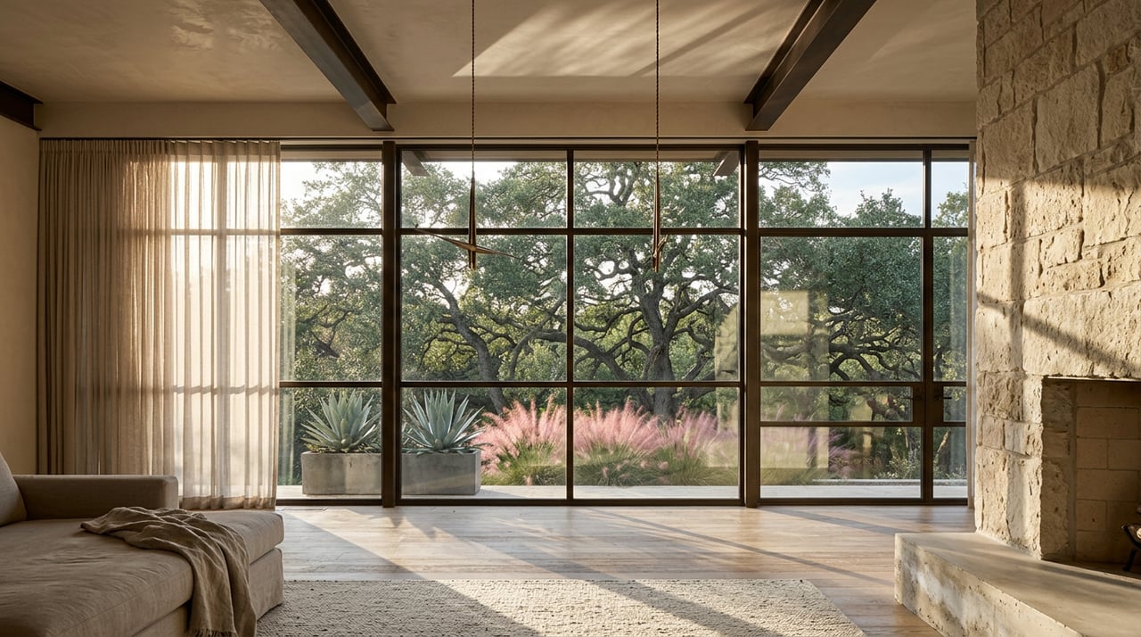 Great room with a limestone fireplace, oak floors, and a glazed wall overlooking dense live oaks.