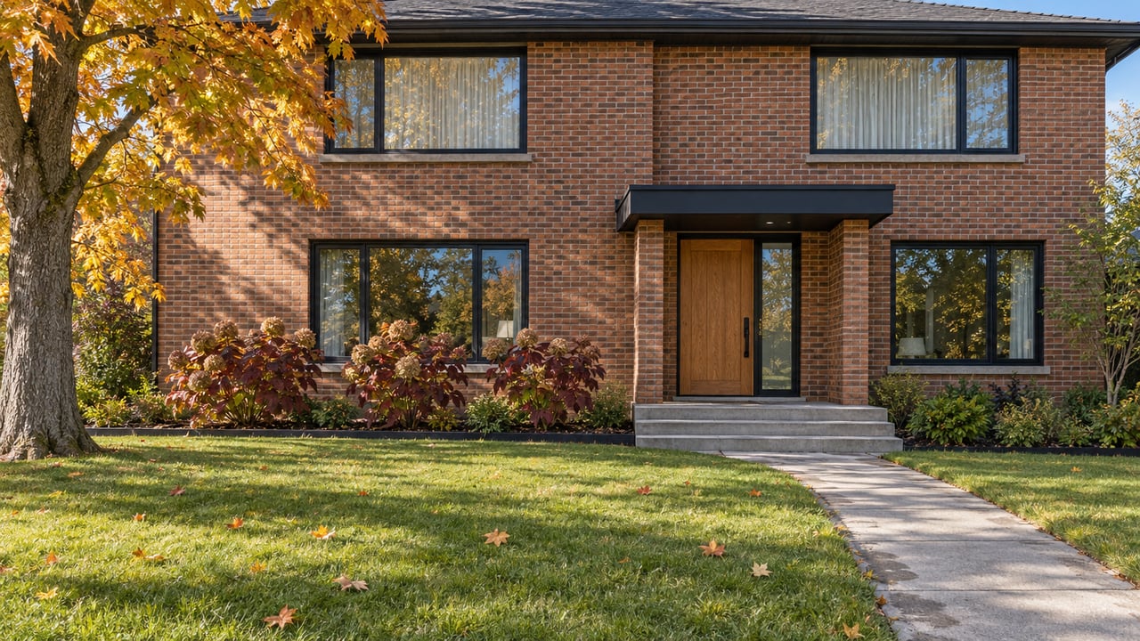 Autumn sunlight on a two-story brick home with black-framed windows, an oak entry door and a broad lawn beneath an amber maple.