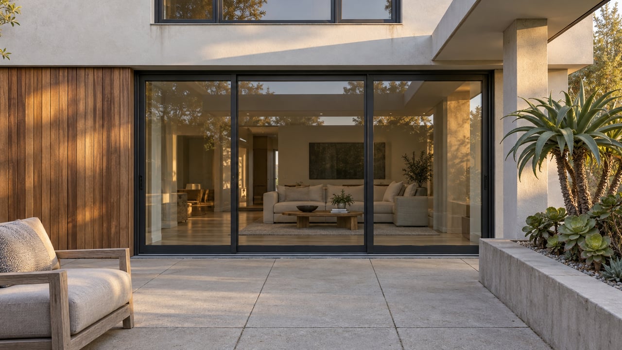 Warm wood and off-white stucco frame closed glass sliders opening visually onto a paved patio with a sculptural planted concrete bed.