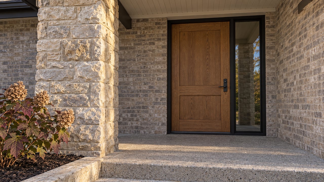 Warm afternoon light across a limestone porch pier, recessed oak front door and oakleaf hydrangea beside a concrete entry landing.
