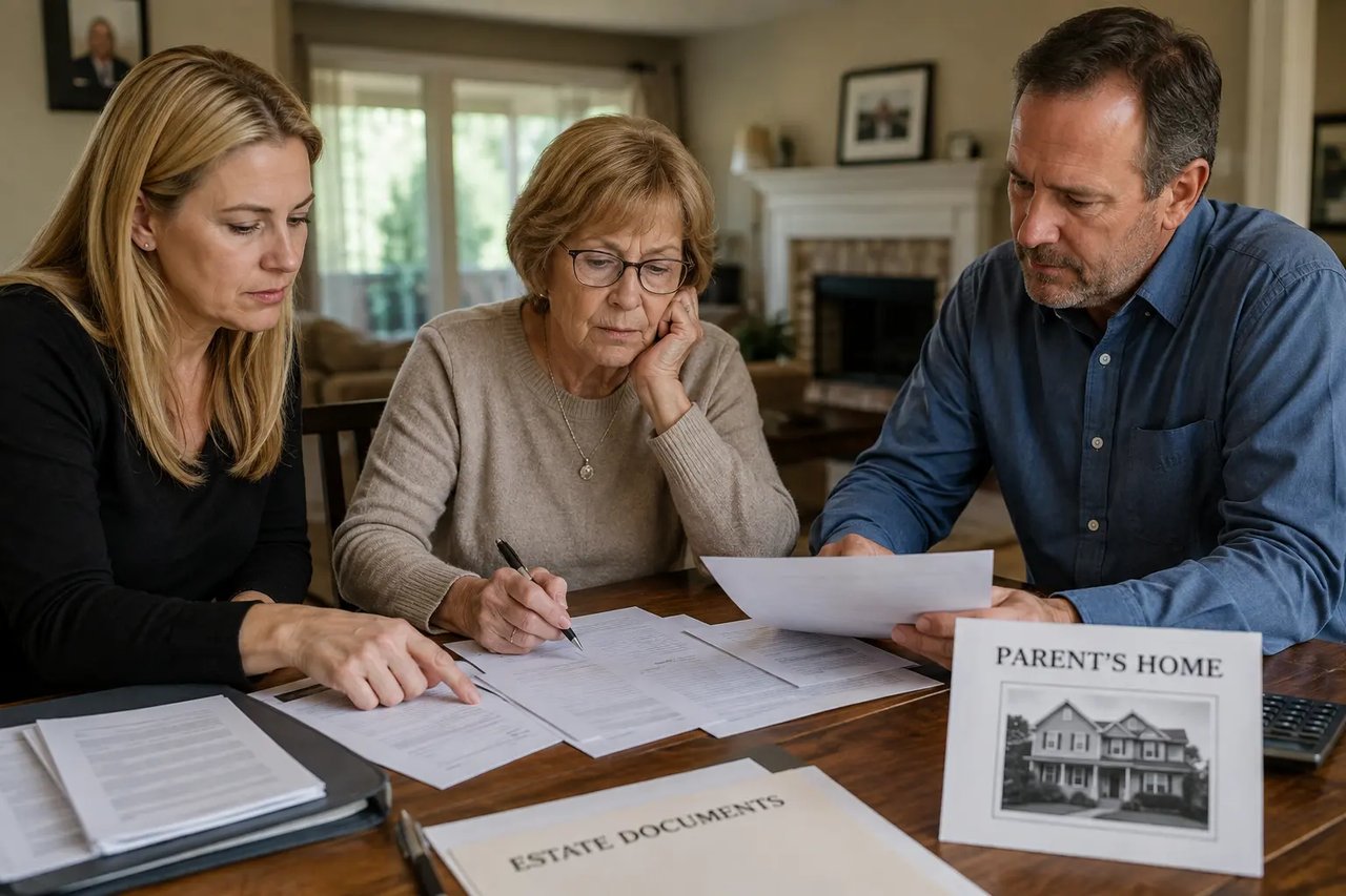 Family reviewing documents while preparing to sell a parent’s home after death.