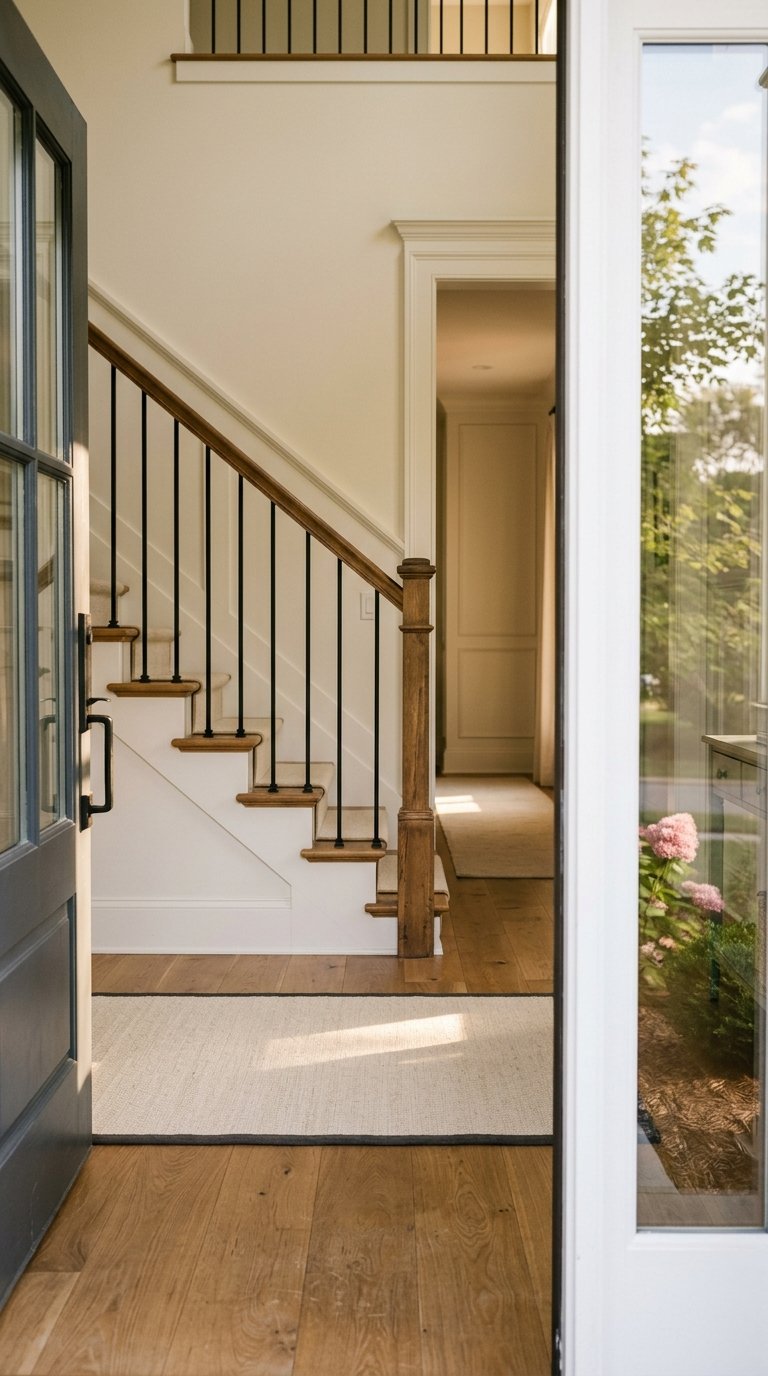 Daylit foyer with a staircase, minimal decor, and foliage visible outside.