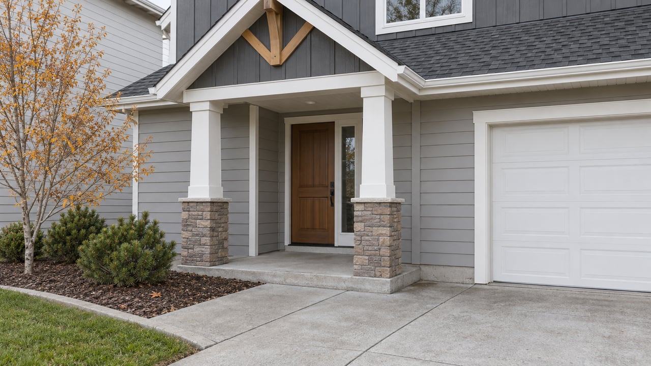 Gray-sided home with a wood front door, stone-based porch columns and a concrete approach beside an autumn planting bed.