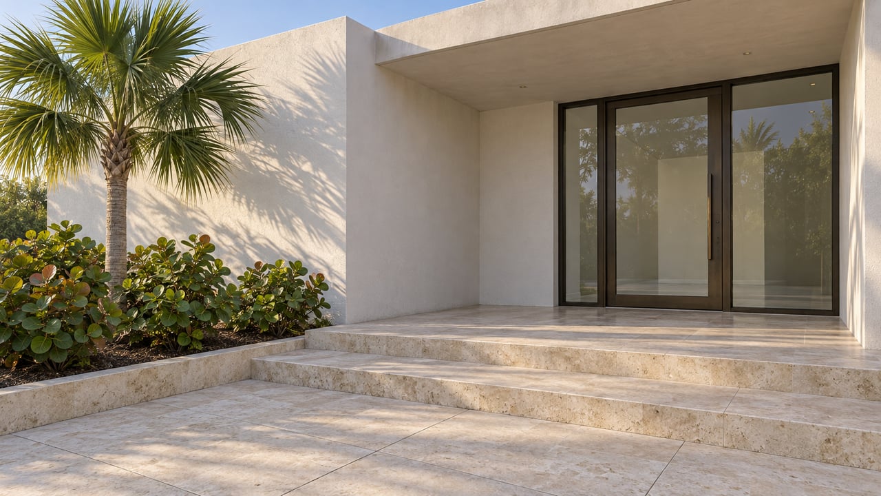 Pale stone steps lead to a bronze-framed glass entry beneath a white cantilever, beside a fan palm and sea grape shrubs.
