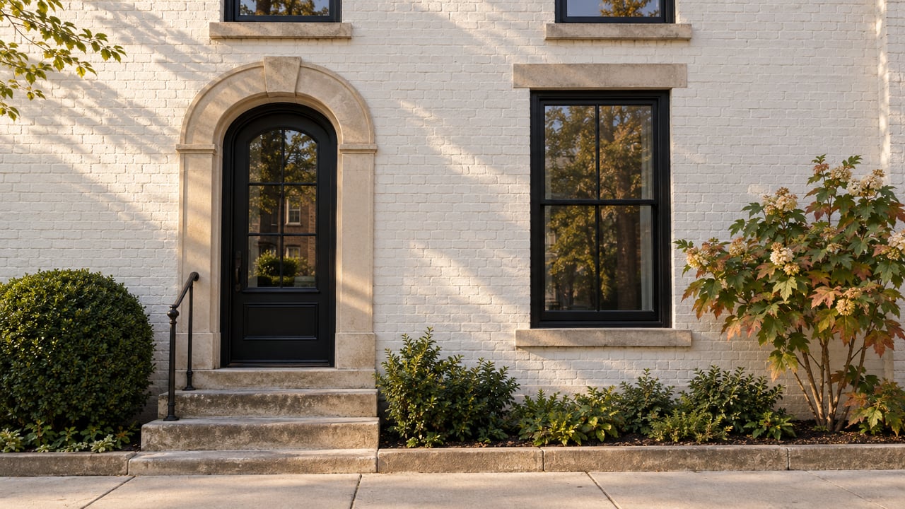 Attached white-brick townhouse with an arched limestone doorway, black windows, worn steps, and clipped shrubs.