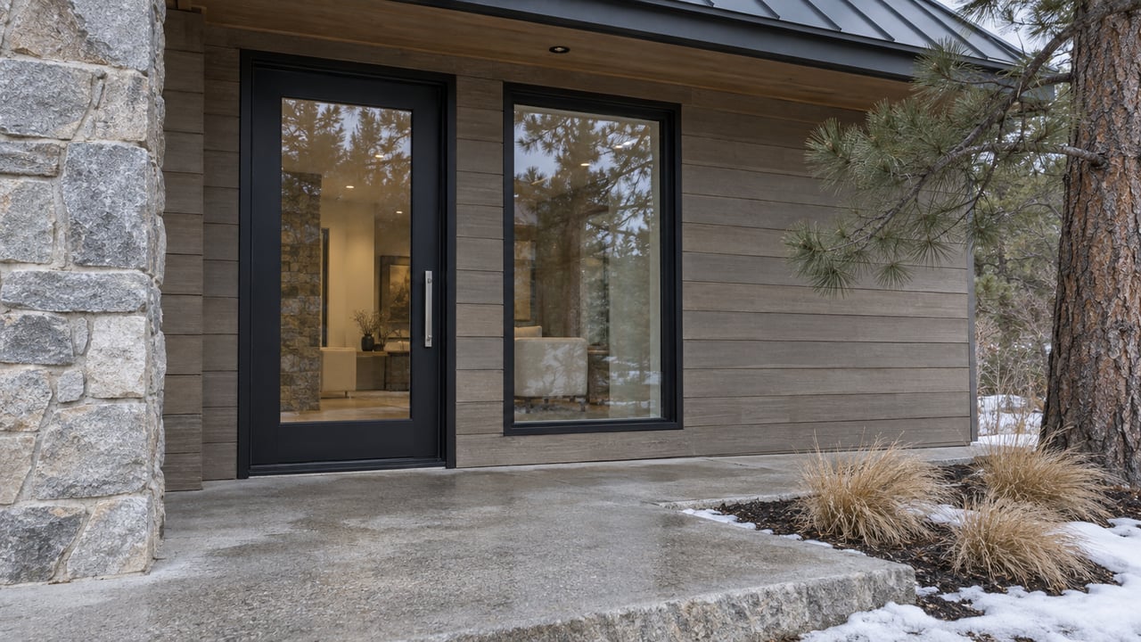 Updated home entry with taupe wood siding, a granite pier, black-framed glazing and melting snow beside a concrete landing.