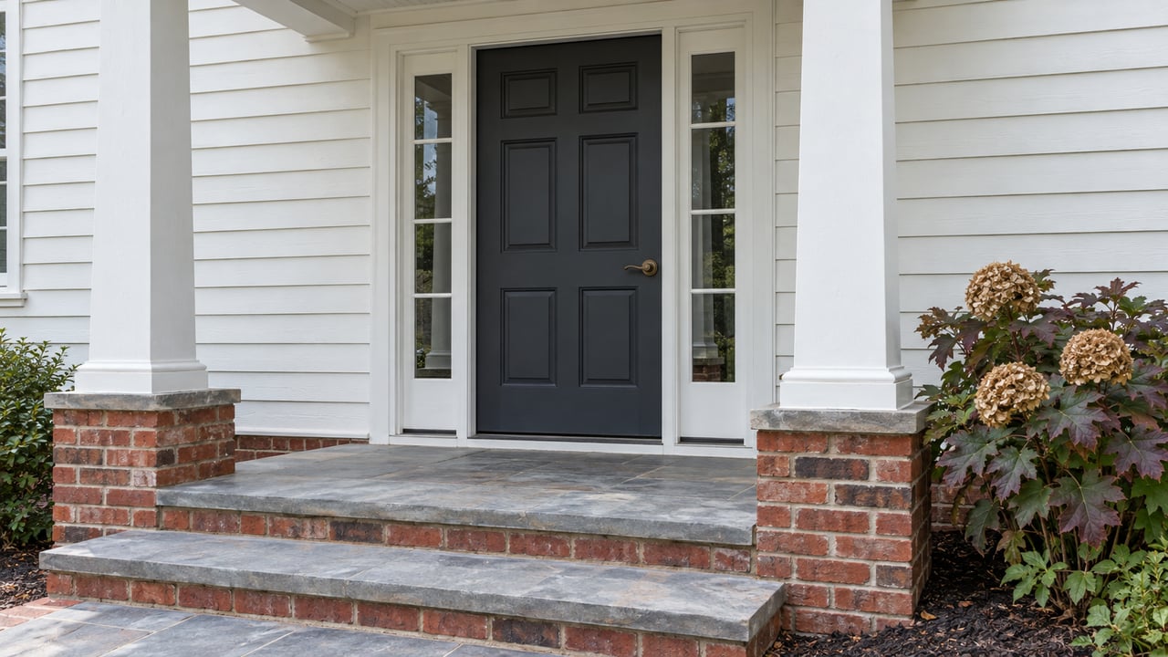 Covered home entrance with a charcoal door, white sidelights and columns, red-brick bases, bluestone steps, and an oakleaf hydrangea.