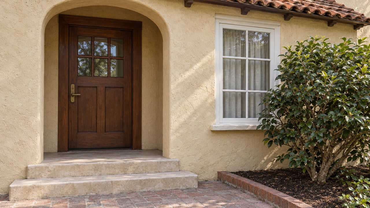 Close view of an ochre stucco home with an arched oak entry door, divided-light window, limestone steps, and a camellia beside a brick approach.