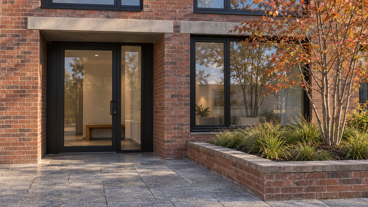 Brick apartment frontage with a recessed glass entry, broad window, granite paving, and a small tree in a raised bed.