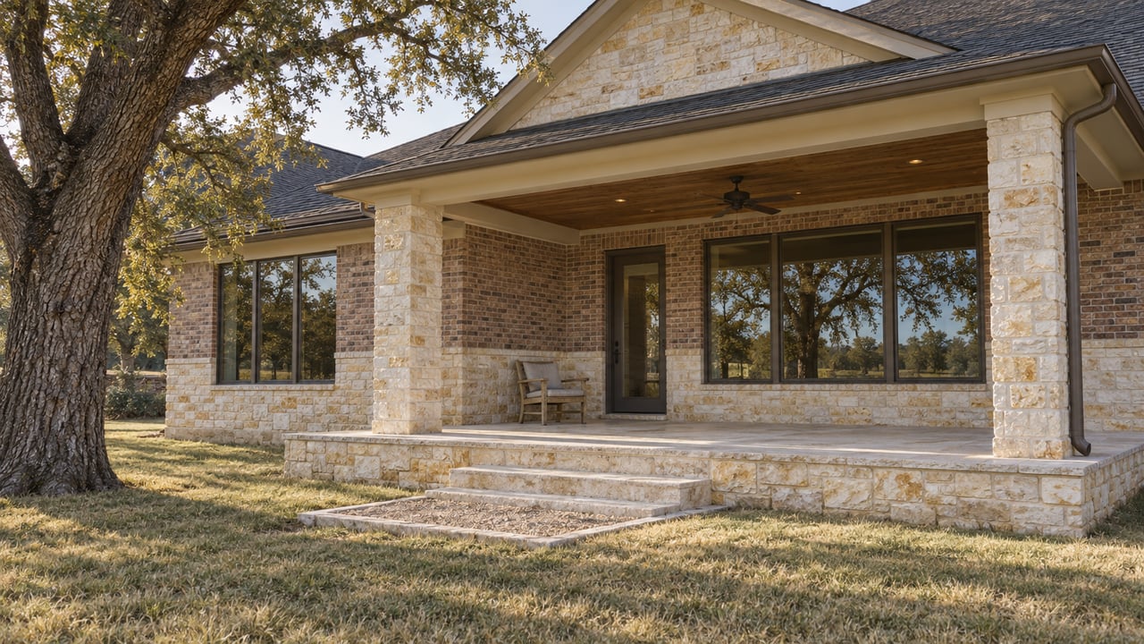 Stone-and-brick ranch home with a covered limestone terrace, bronze-framed windows, and a mature post oak beside an autumn lawn.