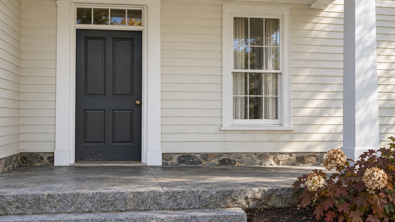Ivory clapboard home entrance with a charcoal door, white sash window, granite porch and burgundy oakleaf hydrangea.