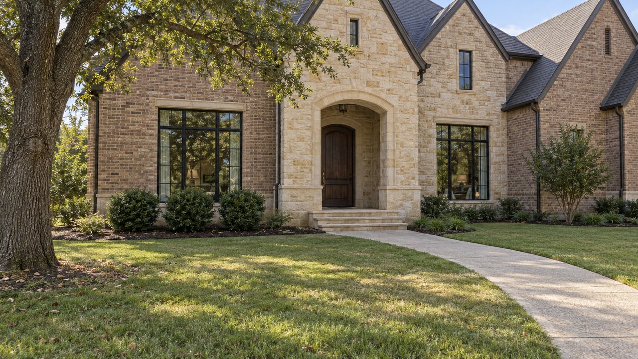 Brick and limestone home with an arched oak entry, broad front lawn, mature oak, and curved concrete approach in afternoon light.