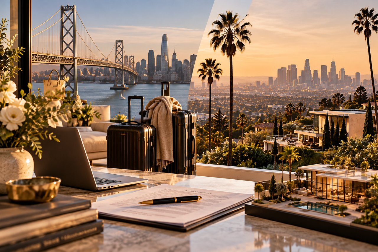Suitcases and home-buying paperwork beside views of San Francisco and Los Angeles at sunset.