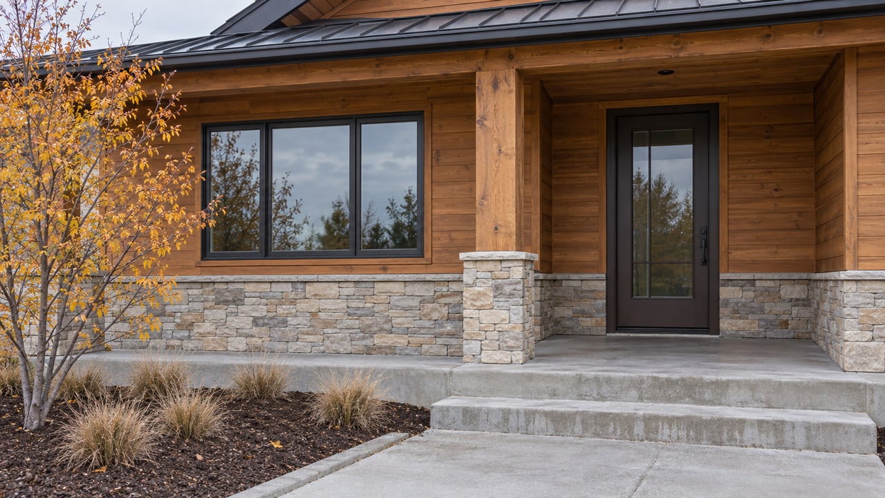 Covered cedar entry with a stone-based timber post, concrete steps, and copper-yellow serviceberry leaves in cool autumn daylight.