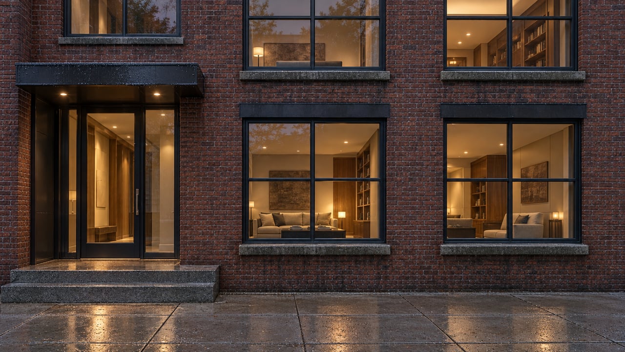 Rain-darkened brick residential facade with large metal-framed windows, warm interior light and a recessed glazed entrance above granite steps.