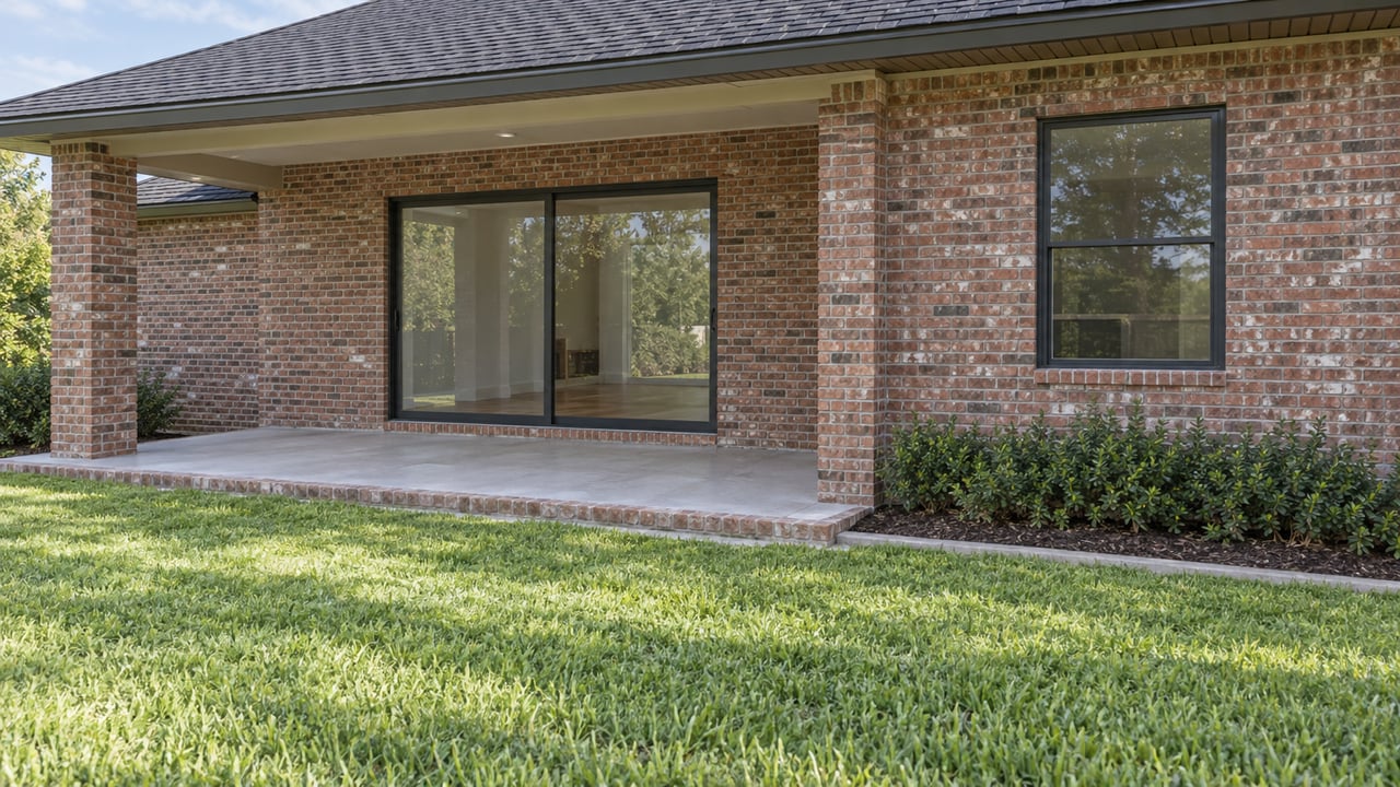 Brick house rear elevation with a glass sliding door, separate window, covered patio, and broad lawn.