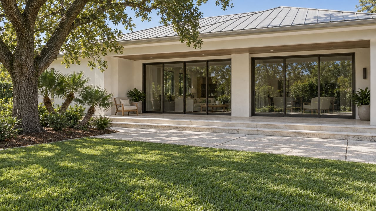 Sunlit stucco home with bronze-framed glass doors and a limestone terrace beside a mature spreading oak and planted garden.