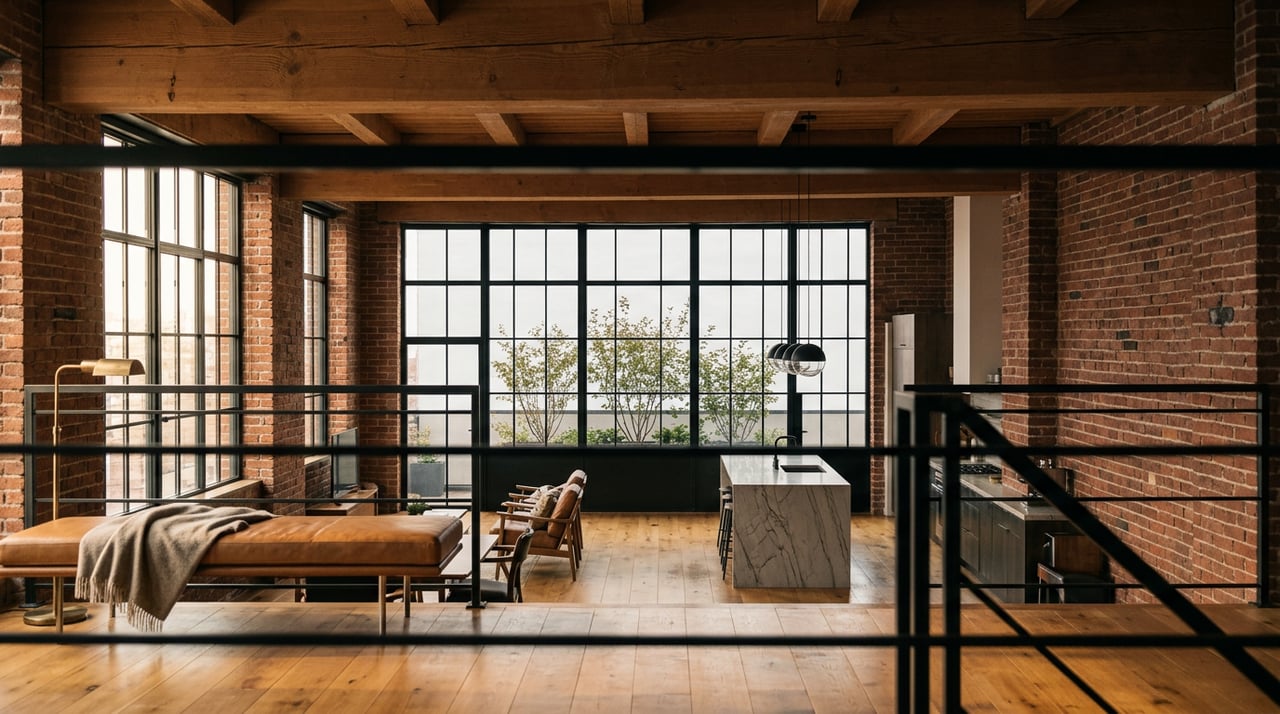 Double-height loft with exposed brick, timber beams, mezzanine railing, veined stone island, and black-grid windows.