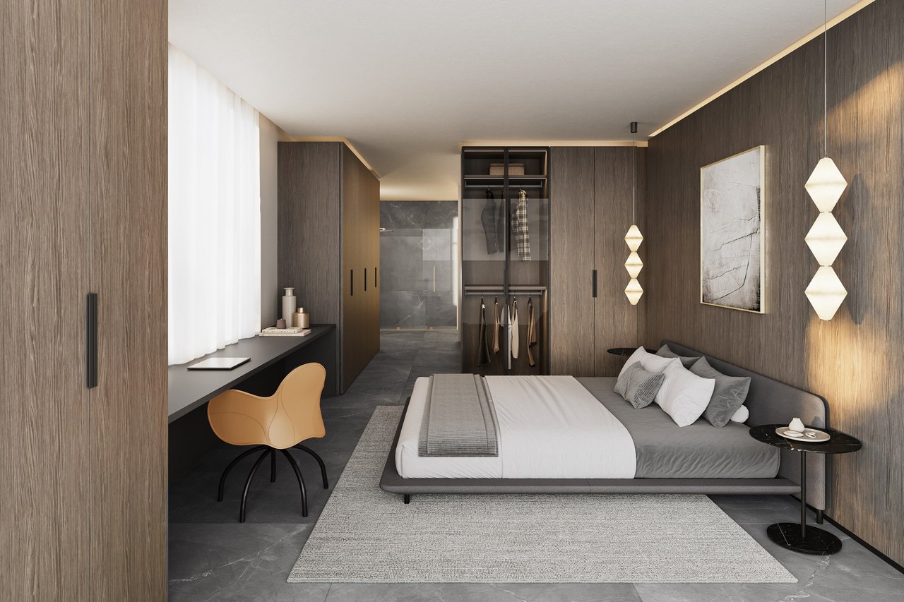 Rendering of gold primary bathroom at Milano Boutique in South of Fifth, Miami Beach.