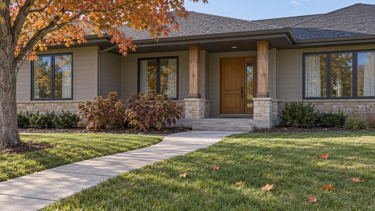 Sunlit ranch home with limestone porch, timber columns, a broad front lawn and an autumn maple beside the concrete approach.