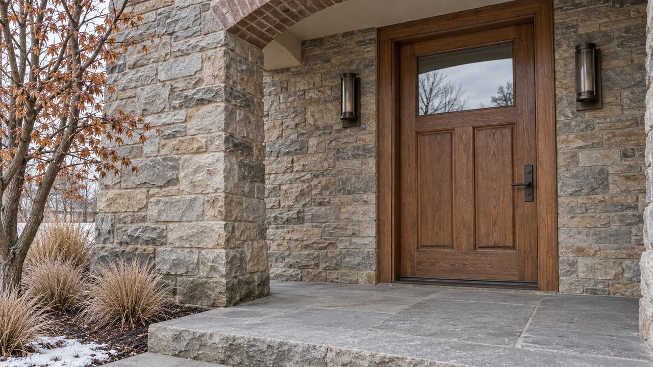 An oak front door framed by a brick arch and textured stone, with winter grasses beside a sandstone landing.