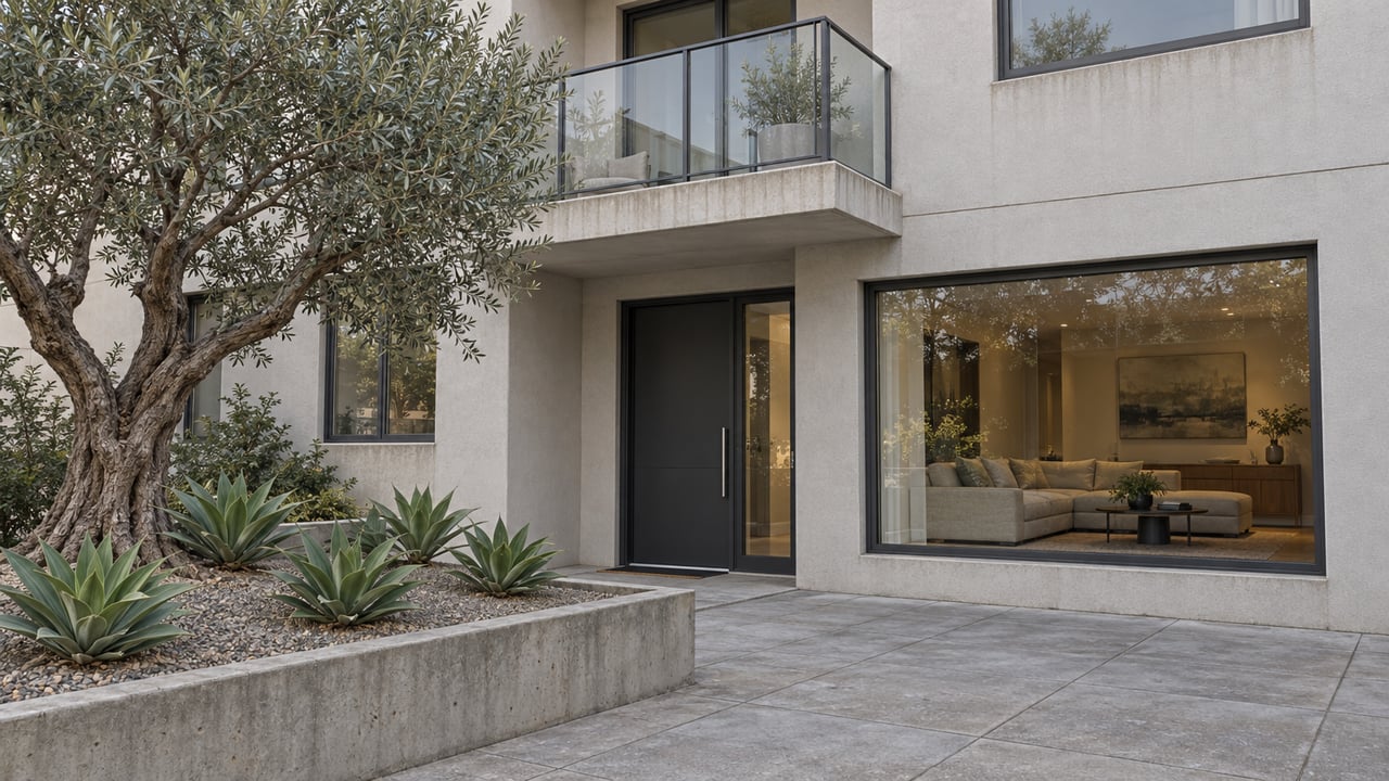 Light stucco residence with glass balcony, recessed entry, and an olive tree in a raised courtyard planting bed.