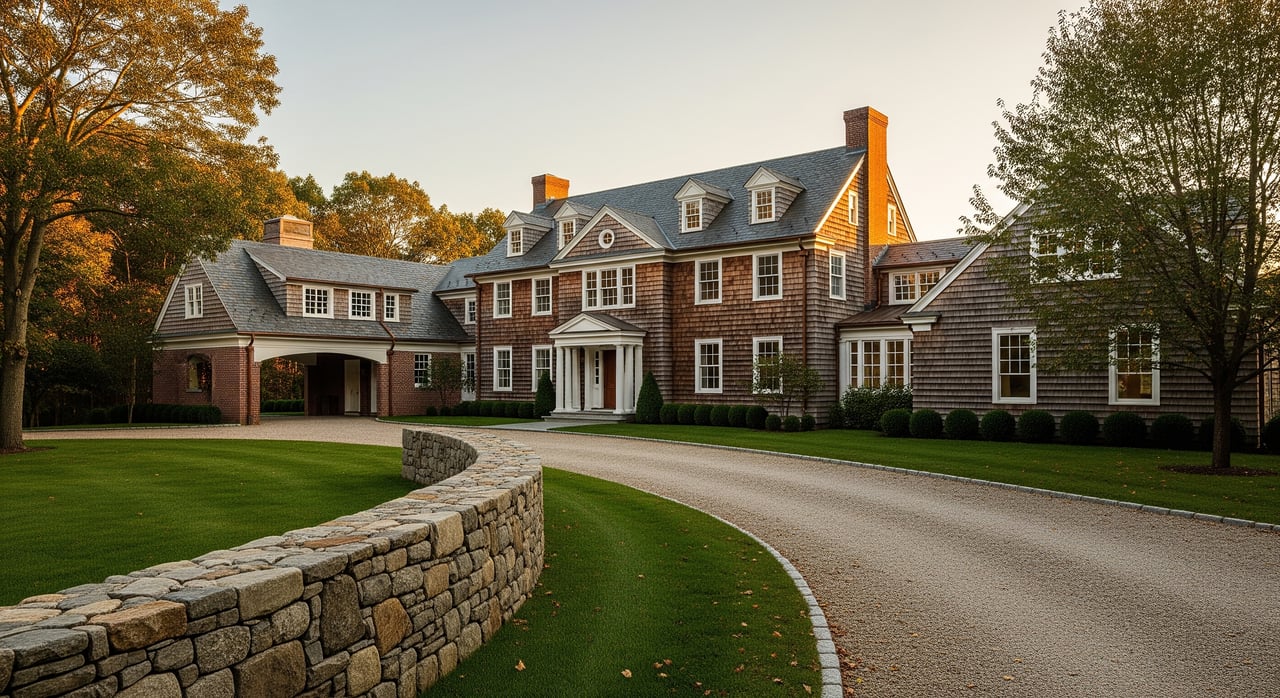 Large red-brick house with white trim, curved driveway, low stone wall, and autumn trees.