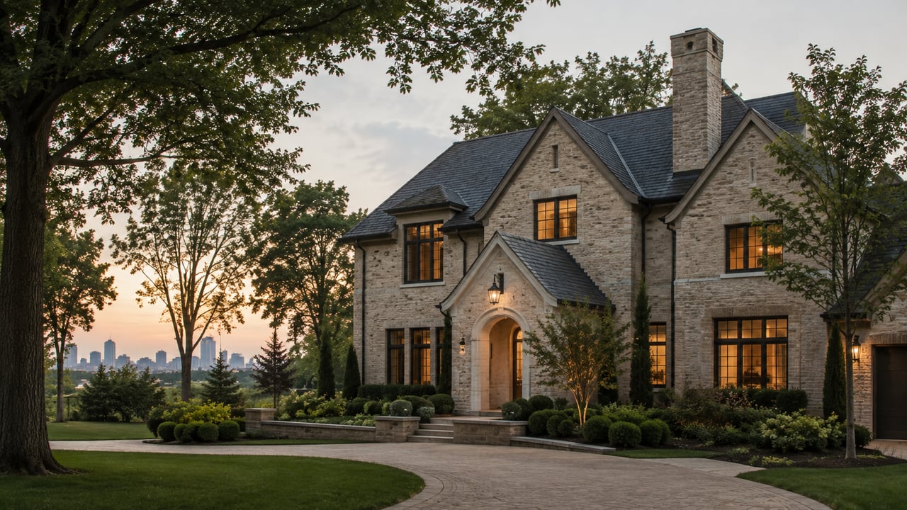 A timeless luxury home in Nashville featuring classic stone architecture, elegant proportions, mature trees, manicured landscaping, and warm evening lighting, showcasing enduring design that remains sophisticated across generations.