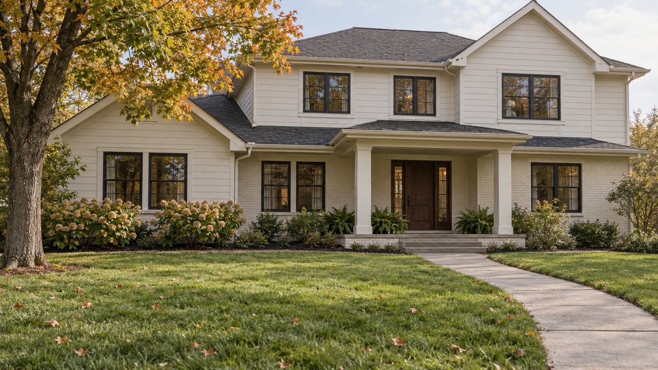 An ivory two-story gabled home behind a deep lawn, with black-framed windows, a sheltered walnut entry and an autumn maple.