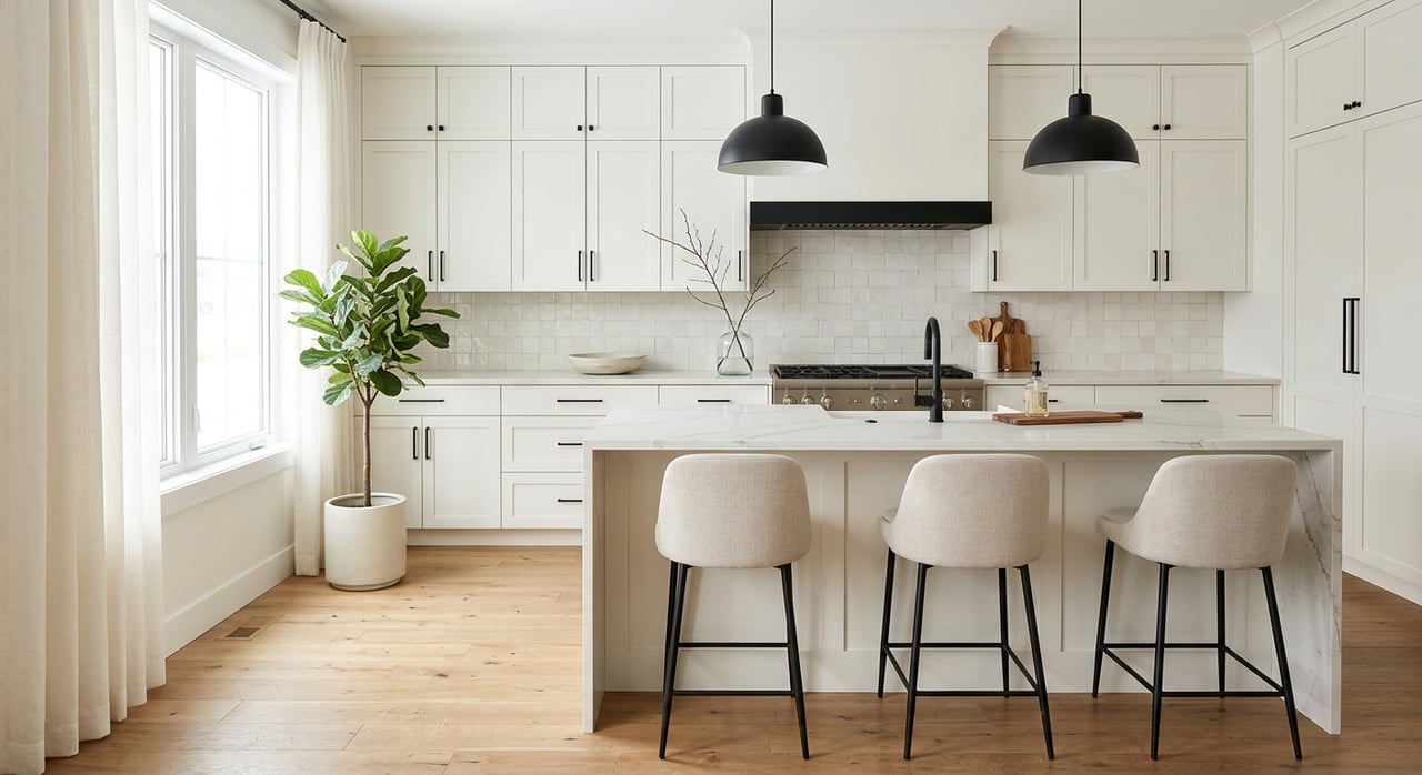 Modern kitchen with a veined quartz waterfall island, black stools, white shaker cabinets, and a tall fiddle-leaf fig.