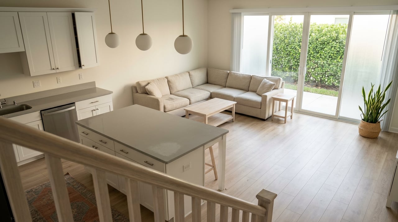 Open-concept great room with a kitchen island, oatmeal sectional, and warm sunlight through floor-to-ceiling glass doors.