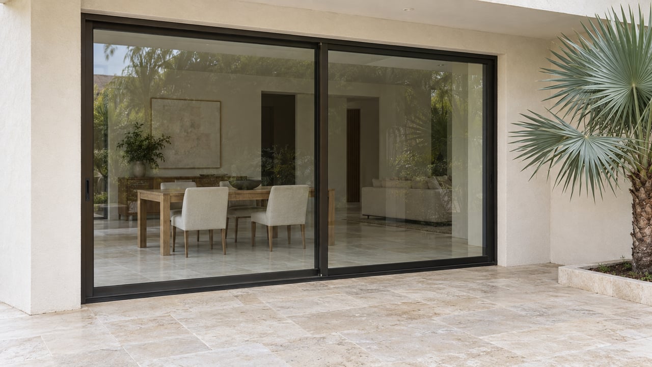 Limestone terrace with a closed glass door revealing an oak dining table and two chairs inside.