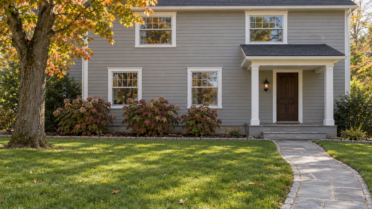 Updated gray clapboard home with white trim, a covered entry and bluestone walk across a deep autumn lawn.