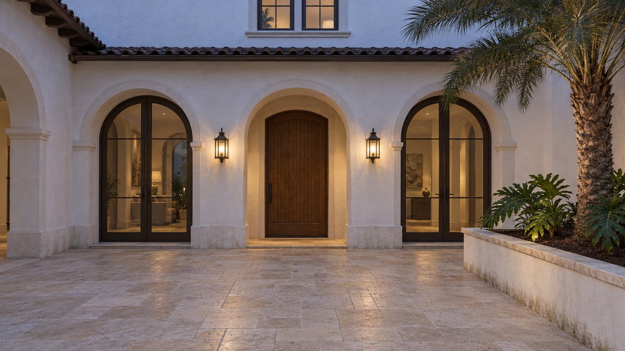 Quiet white-stucco courtyard at blue hour, with arched glass doors, warm entry lanterns, limestone paving and a silver-green palm in a raised bed.