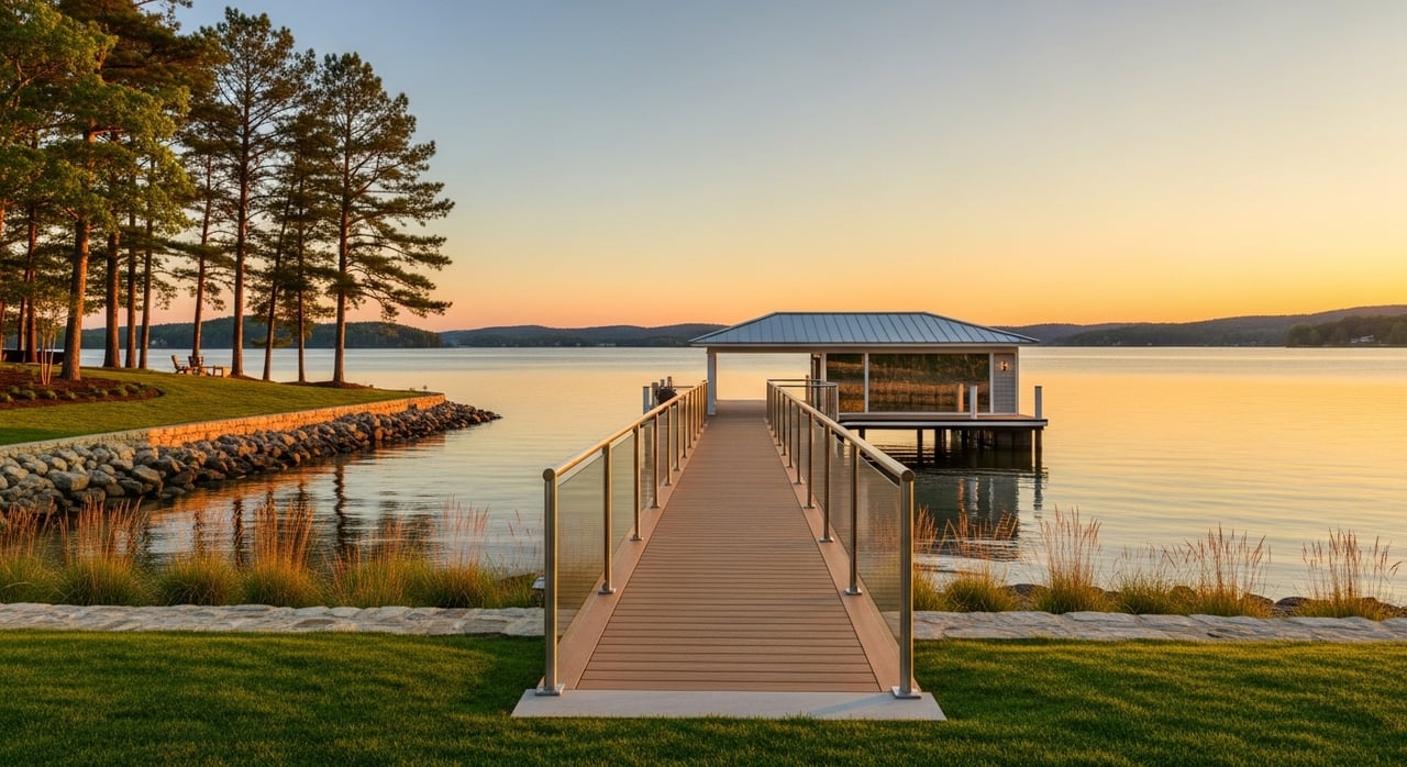 A wooden dock leads to a modern lakeside pavilion, with pine trees and a stone shoreline at sunset.
