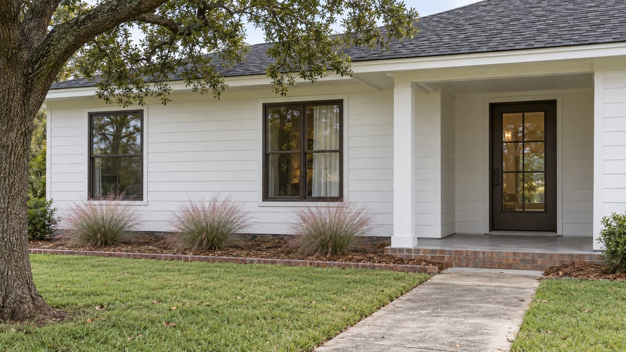 White-sided single-story home with a recessed entry, dark front door, oak branch overhead, and lawn with flowering grass clumps.