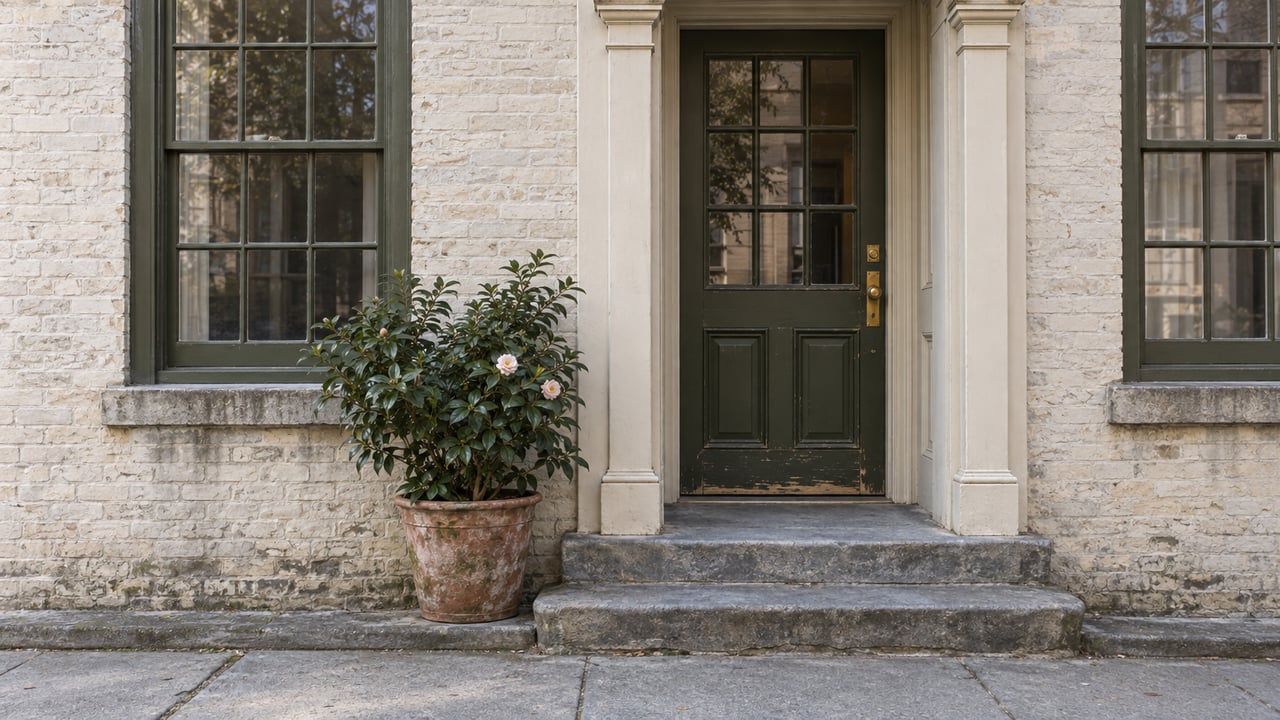 Historic oyster-brick rowhouse facade with olive sash windows, a recessed entry, stone steps, and a potted camellia.